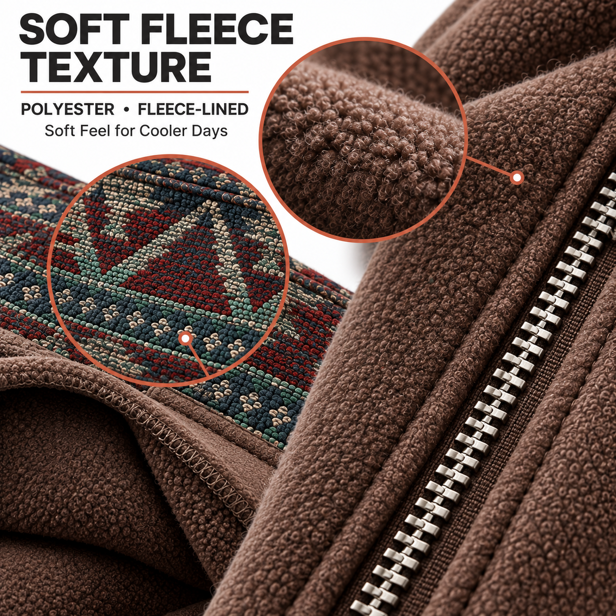 Polyester fleece and ethnic woven pattern material close-up