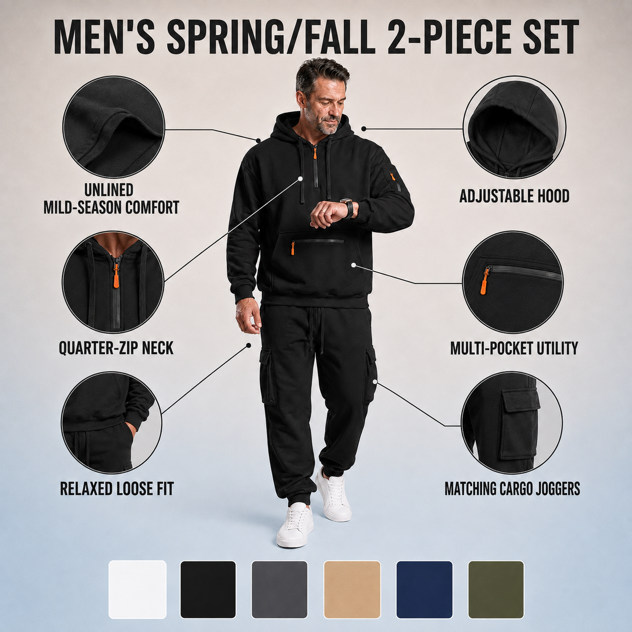 Men's hooded cargo jogger 2-piece set feature overview