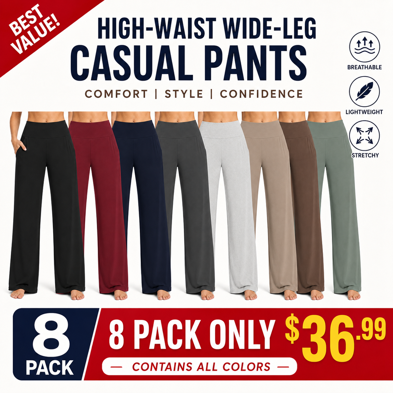 Mixed 8-Pack all colors high-waist wide-leg casual pants