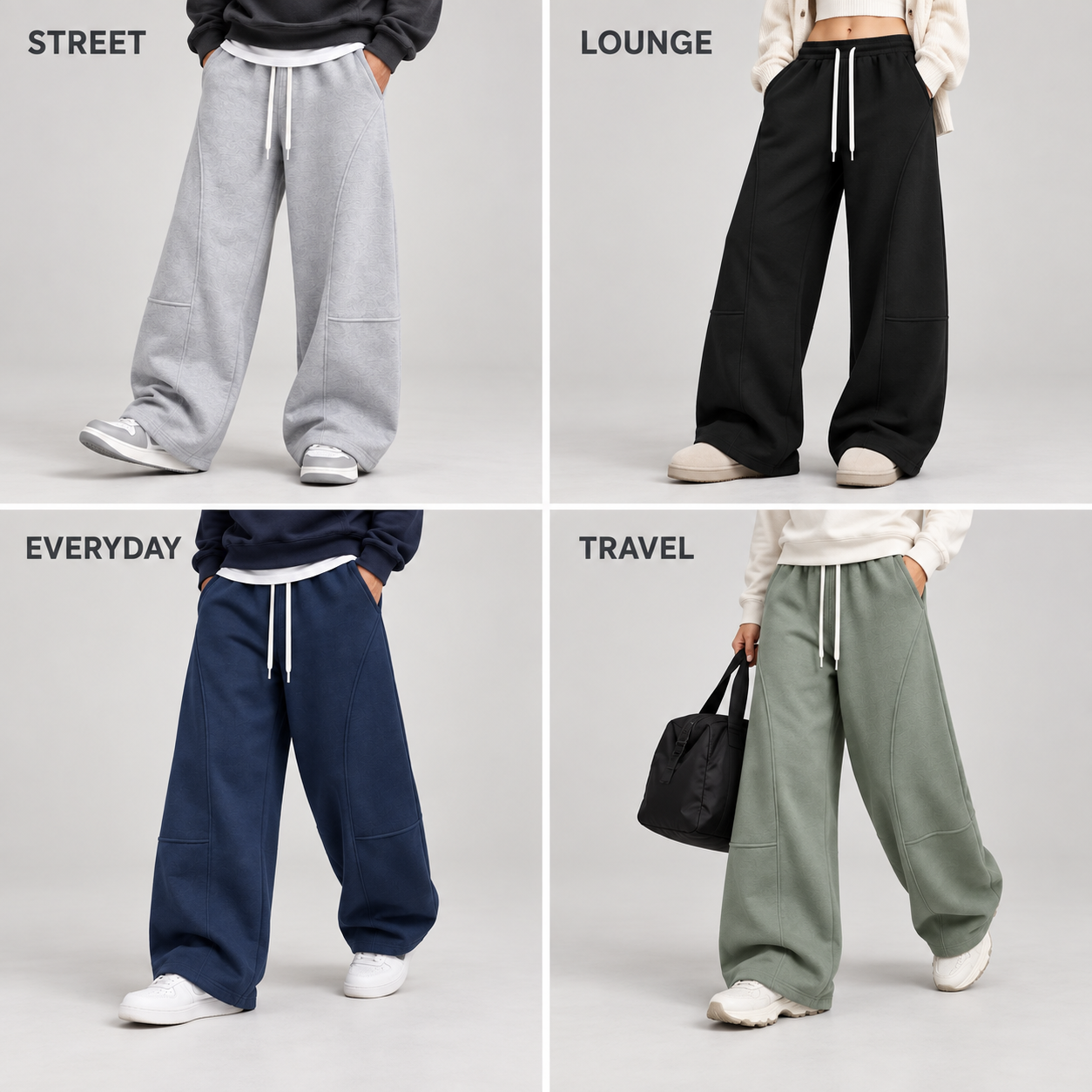 Four waist-down styling views for street, lounge, everyday, and travel wear.