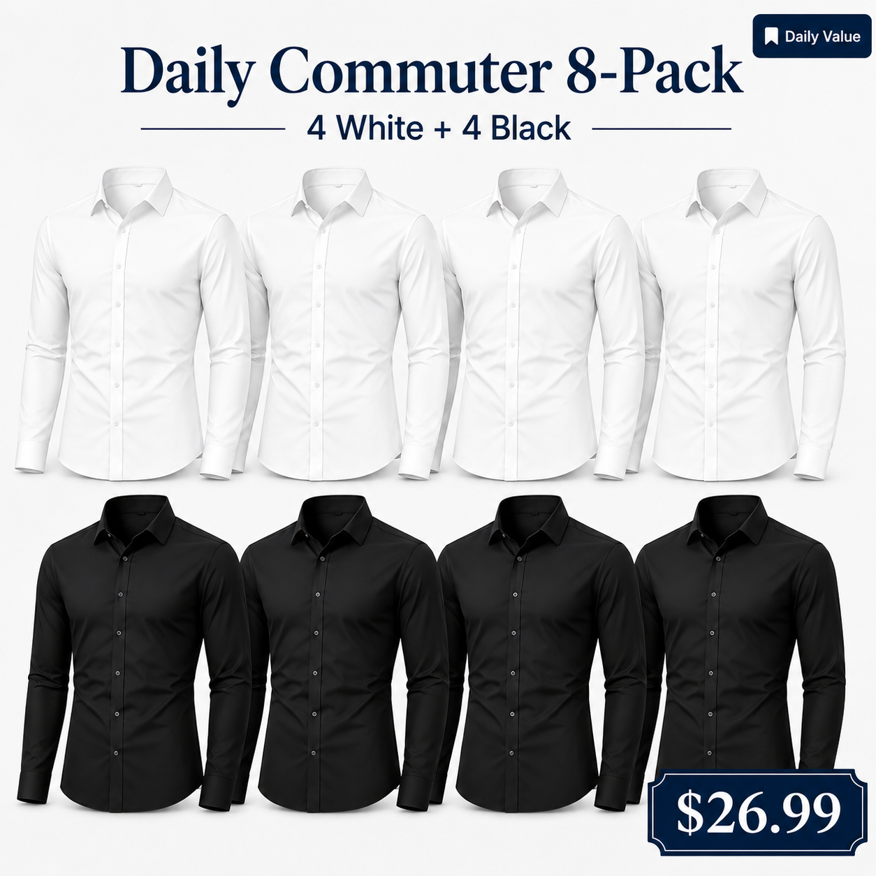 Daily Commuter 8-Pack white and black stretch dress shirts