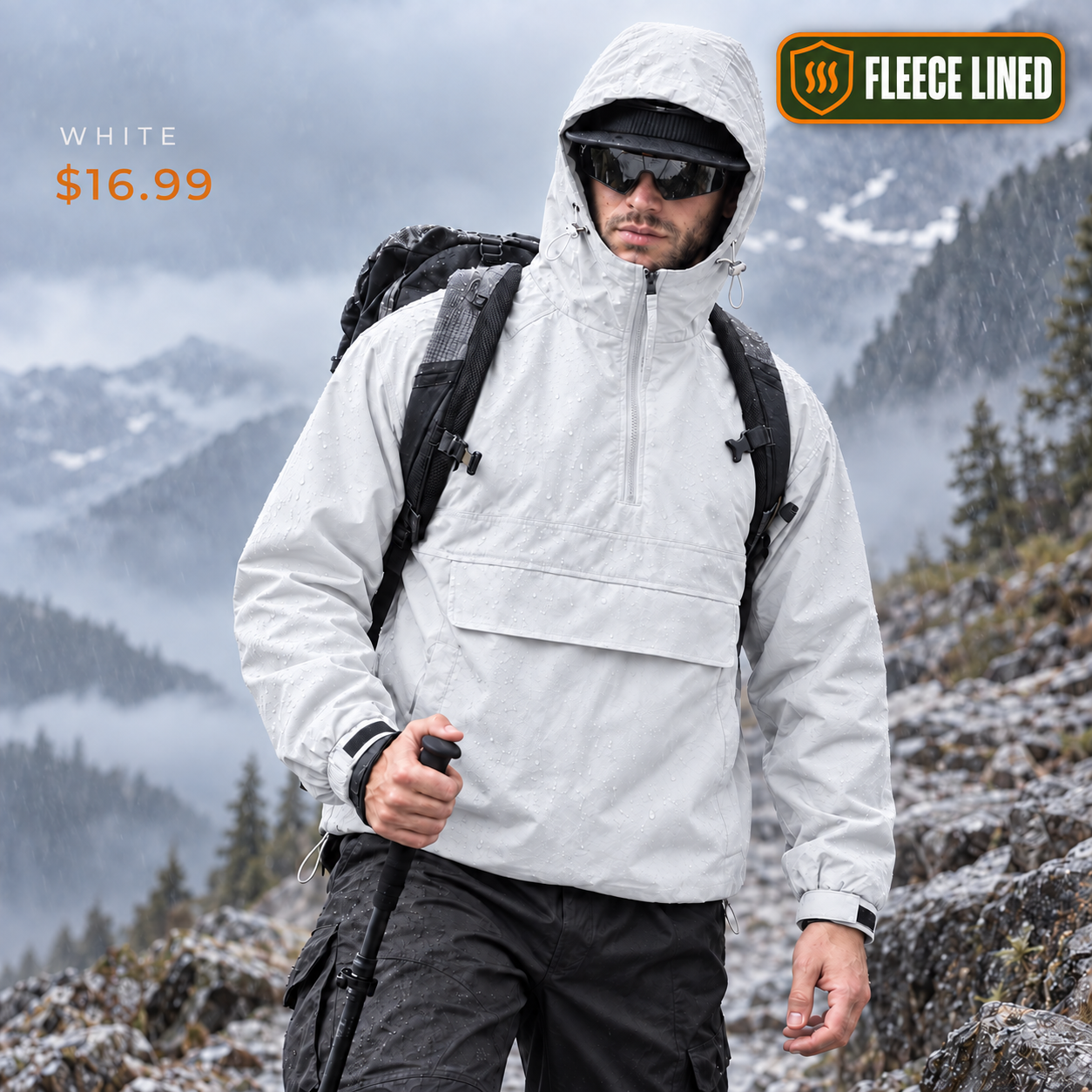 Fleece Lined single White hooded half-zip utility jacket