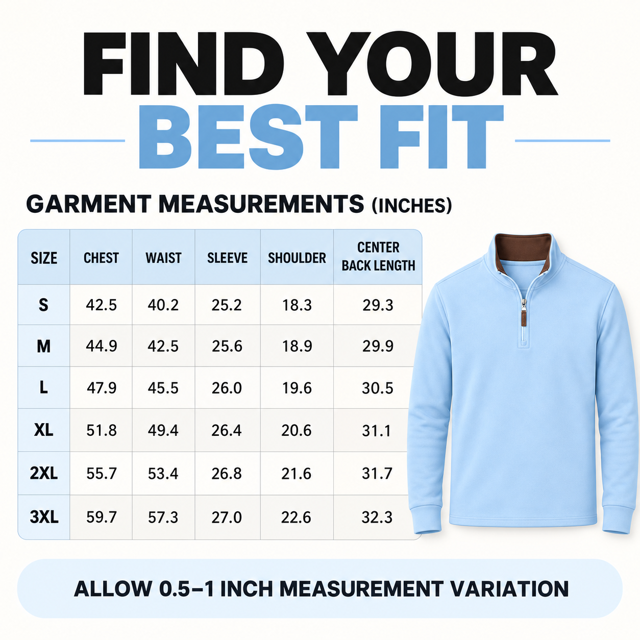 Garment measurement size chart in inches for the men's quarter-zip pullover from S through 3XL