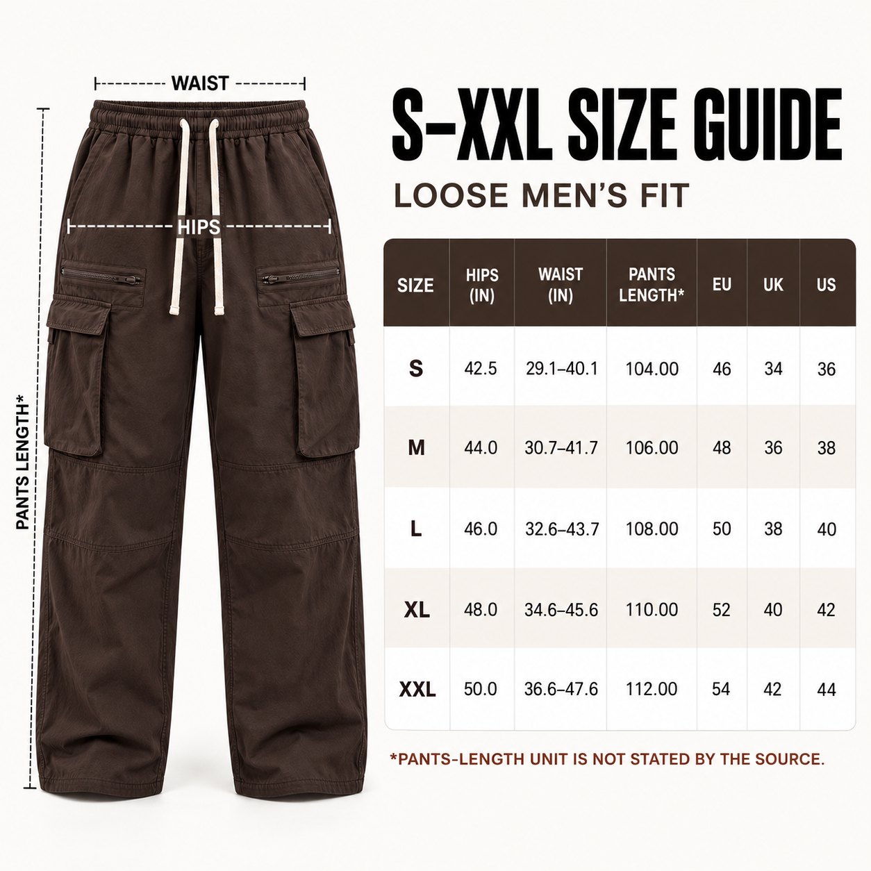 Dark Brown cargo pants measurement example beside the S-XXL size guide