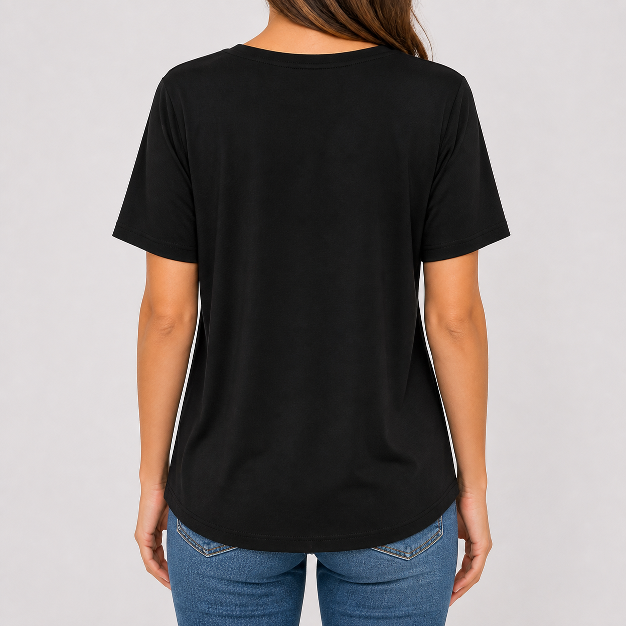 Women's soft V-neck half-sleeve T-shirt back model try-on