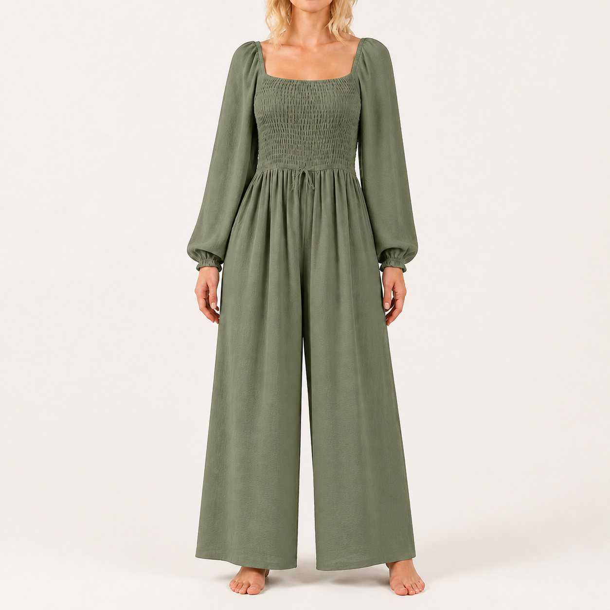 Women's square-neck smocked wide-leg jumpsuit — Laurel Green 8-Pack