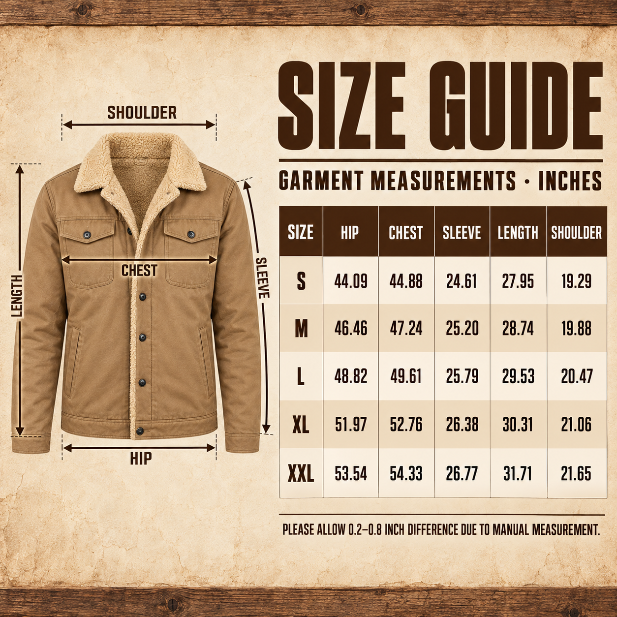 Men's jacket size chart