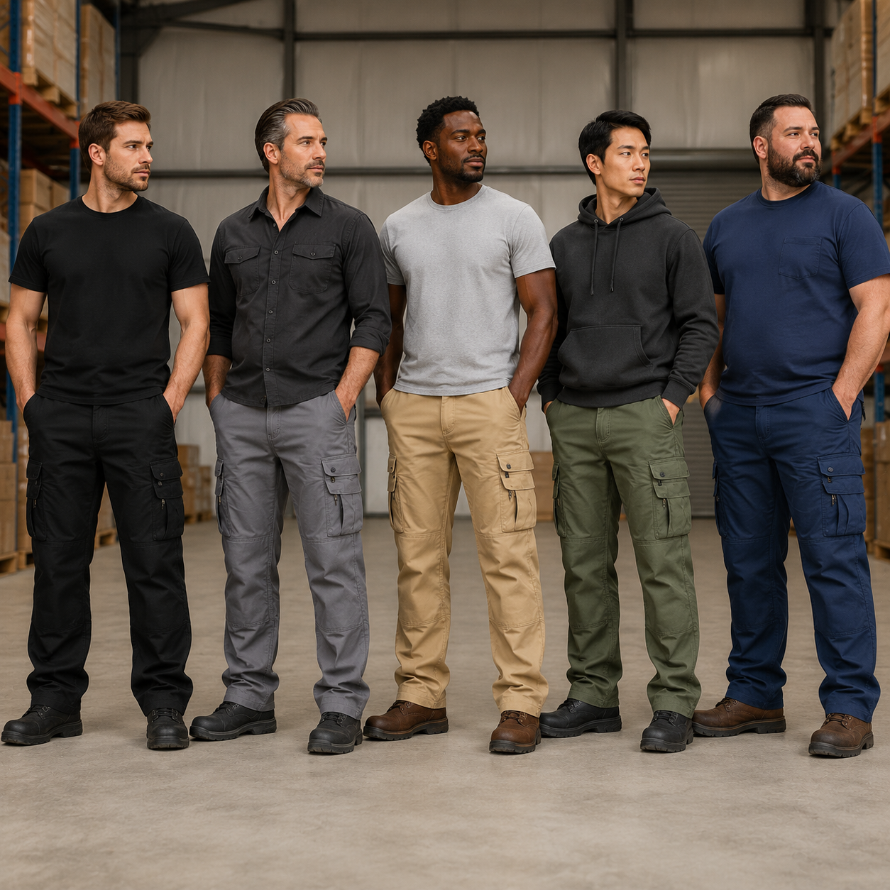 Five adult models wearing all colors of men's tactical cargo work pants