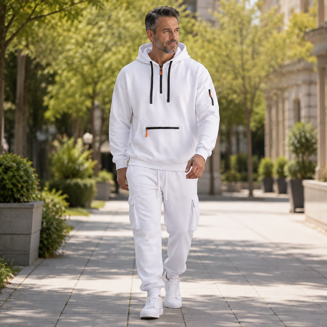 Mature male wearing the white 2-piece set on a weekend walk