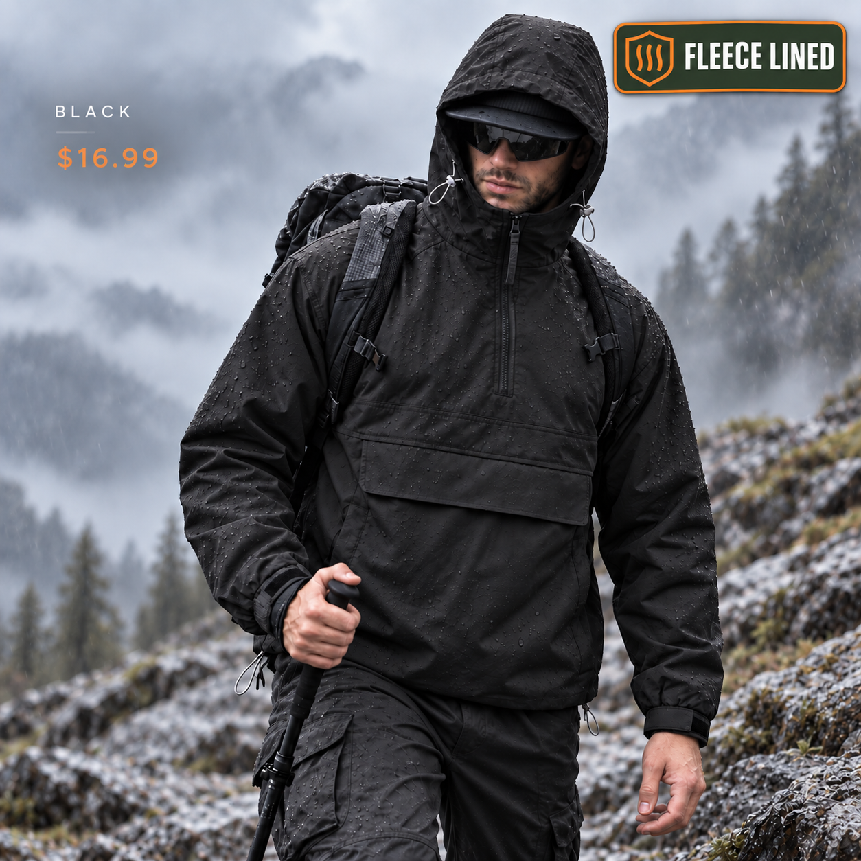 Fleece Lined single Black hooded half-zip utility jacket