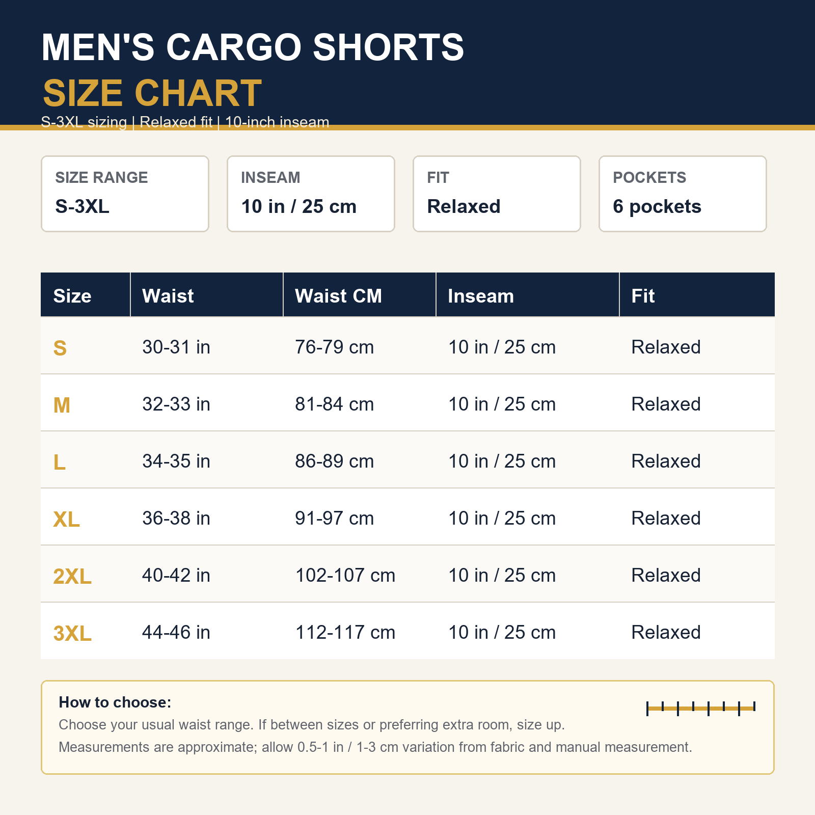 Men's classic stretch cargo shorts size chart