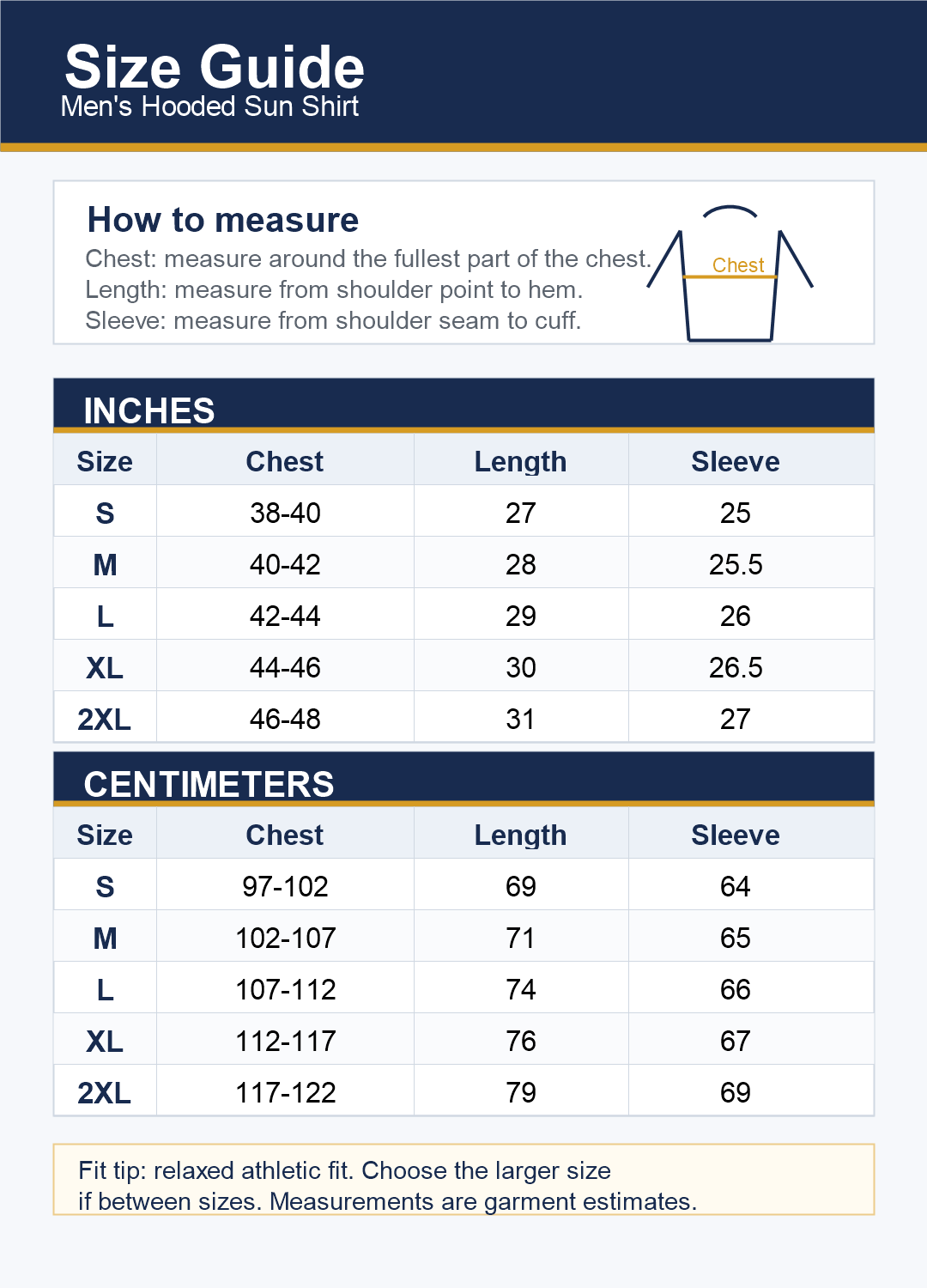 Men's hooded sun shirt size guide
