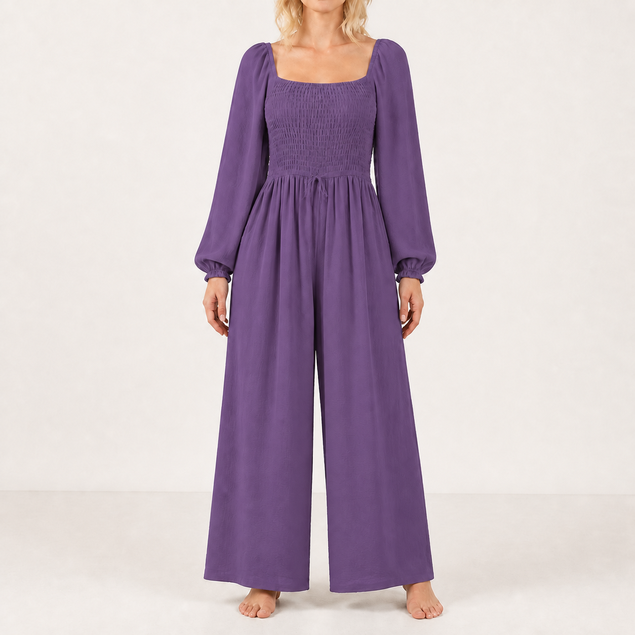 Women's square-neck smocked wide-leg jumpsuit — Purple 8-Pack