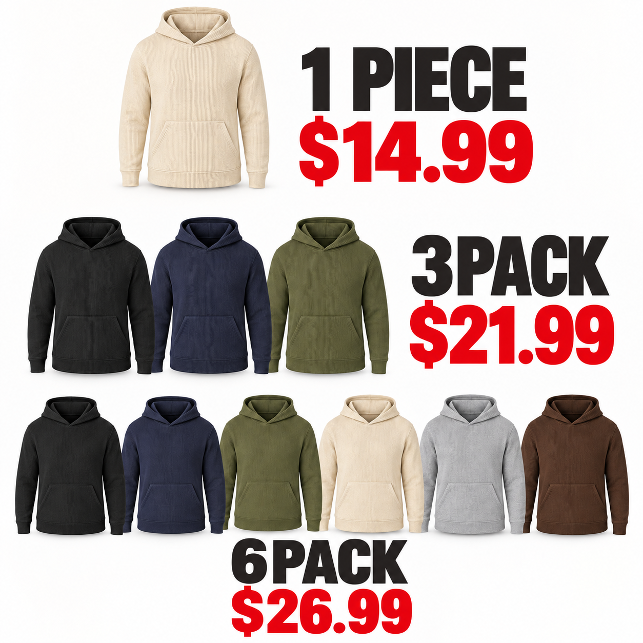 Men's waffle knit pullover hoodie one-piece, 3PACK and 6PACK pricing