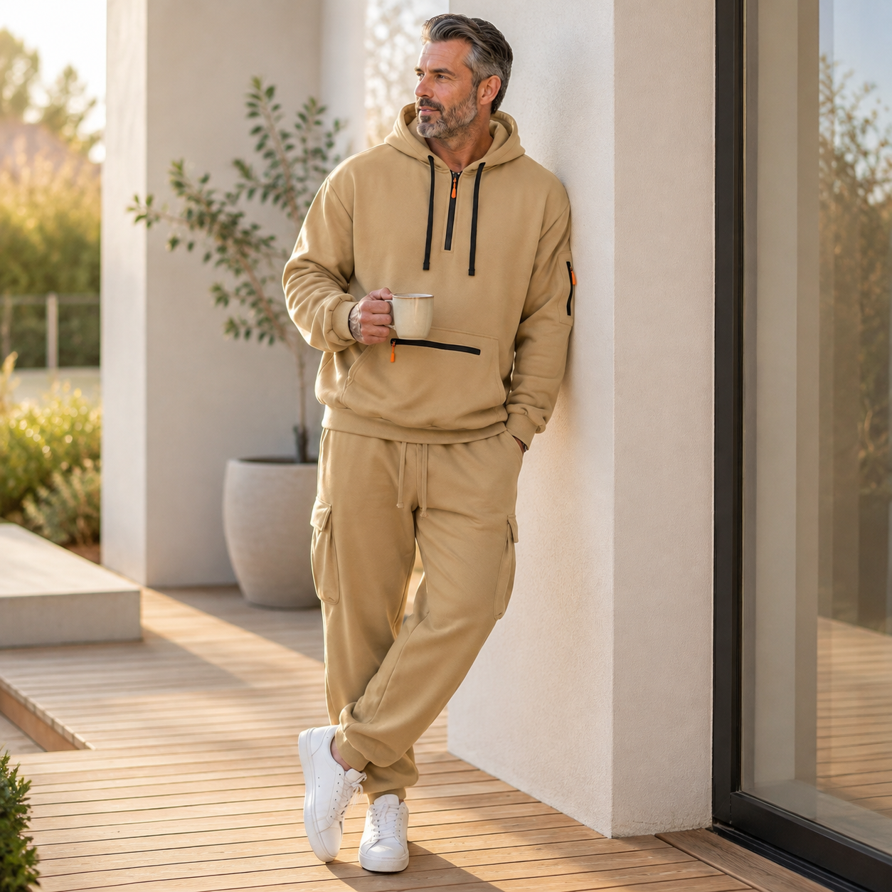 Mature male wearing the Khaki 2-piece set in a patio coffee setting