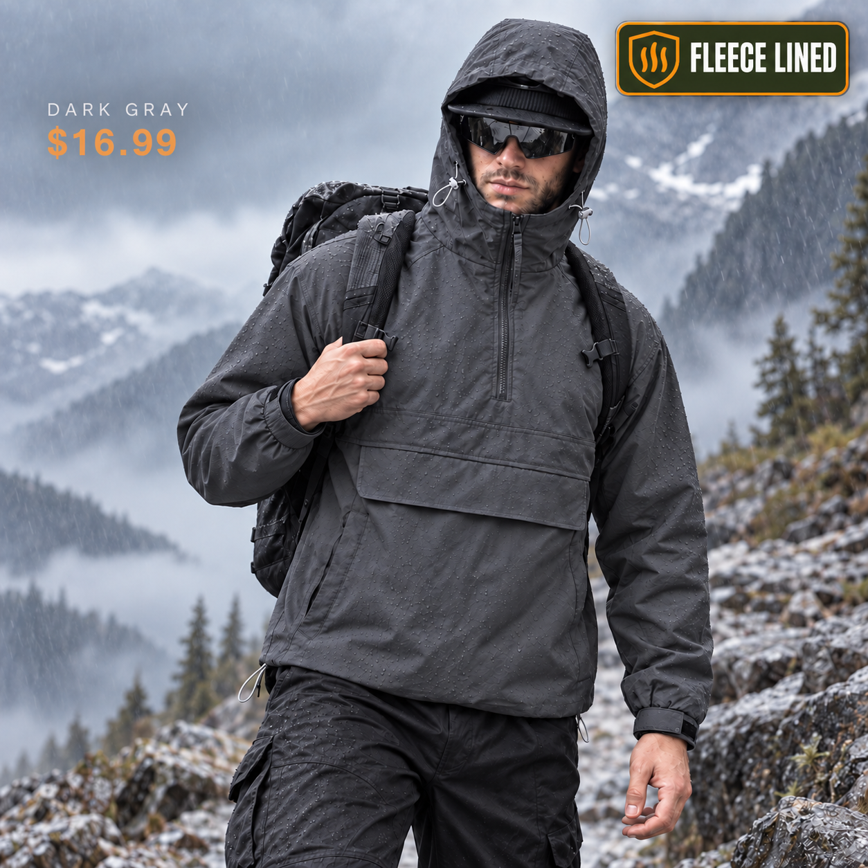 Fleece Lined single Dark Gray hooded half-zip utility jacket