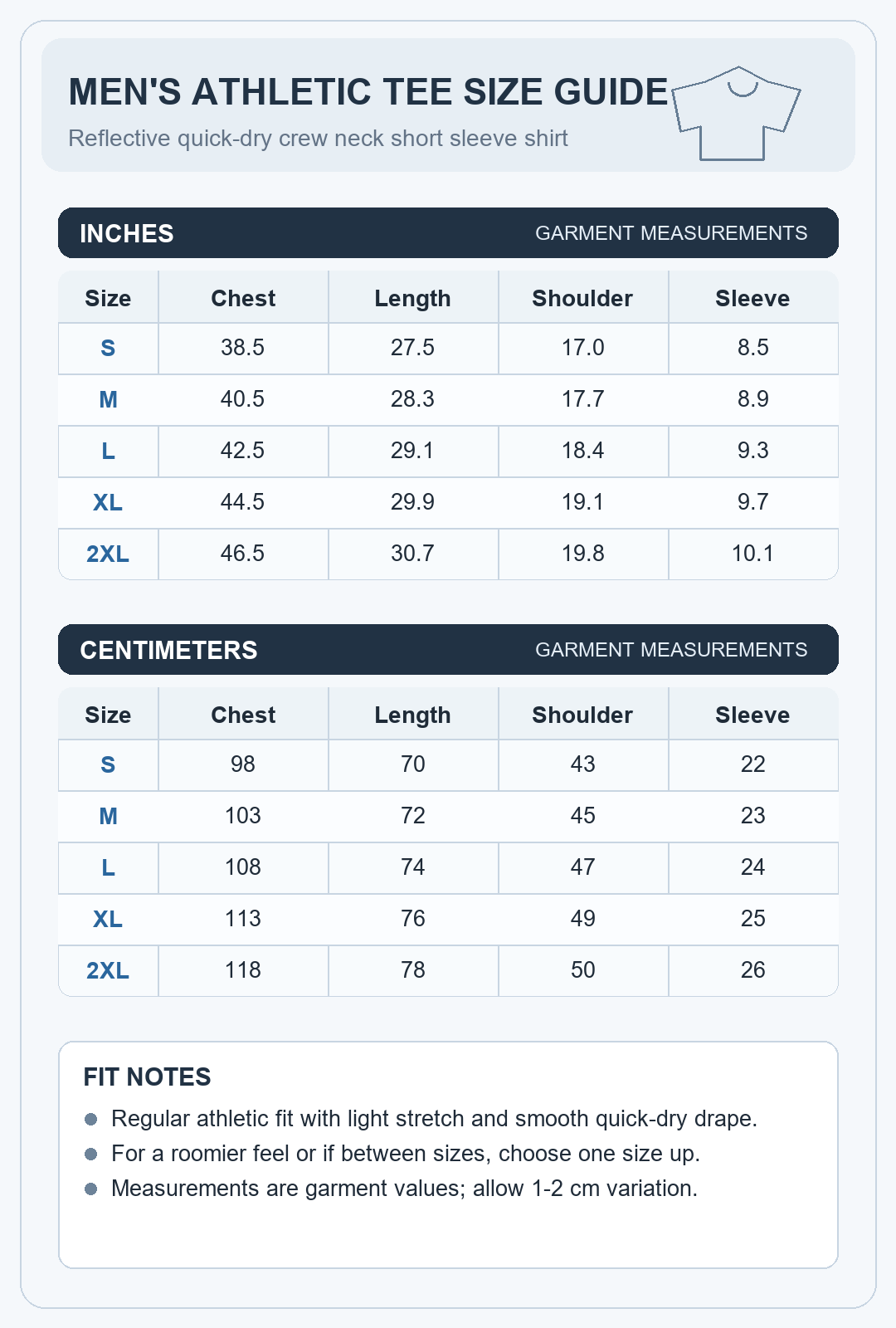Men's reflective quick dry athletic tee size chart
