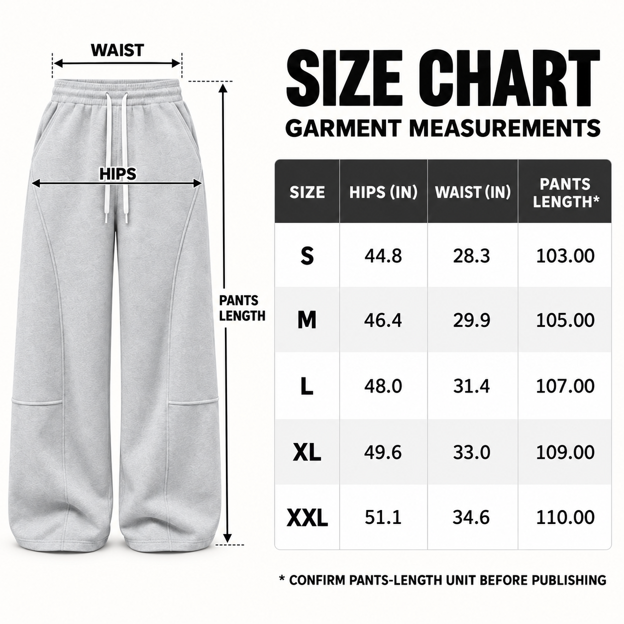 Wide-leg sweatpants garment measurement size chart for S through XXL.