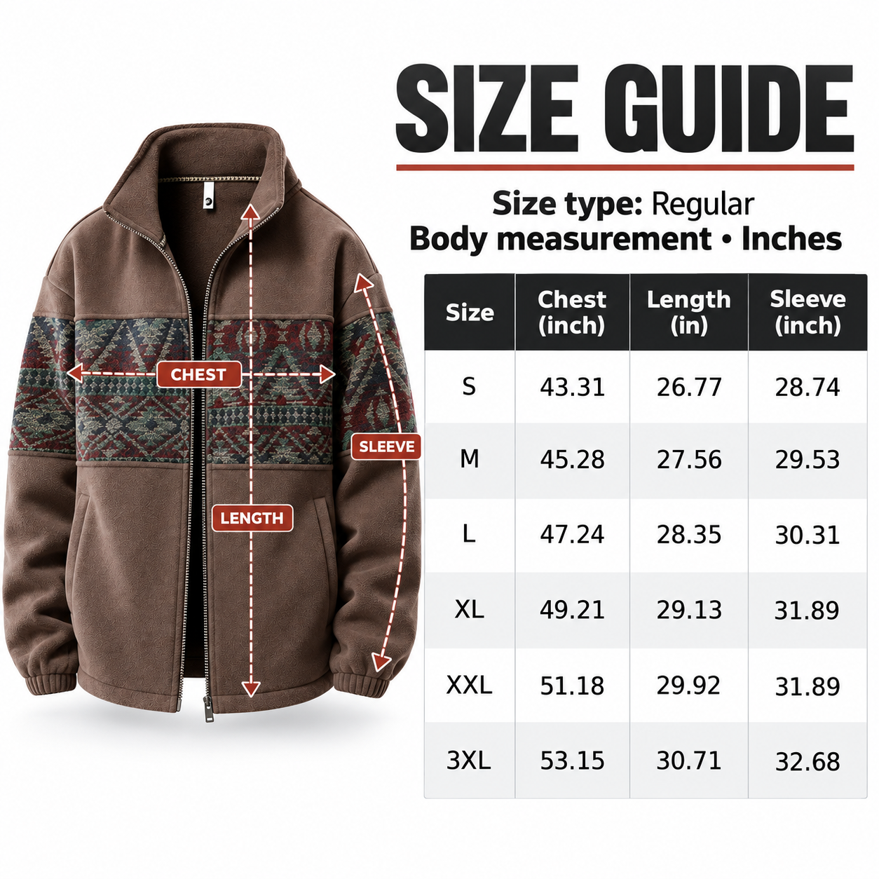 KRUIDA ethnic-pattern fleece jacket size guide S through 3XL