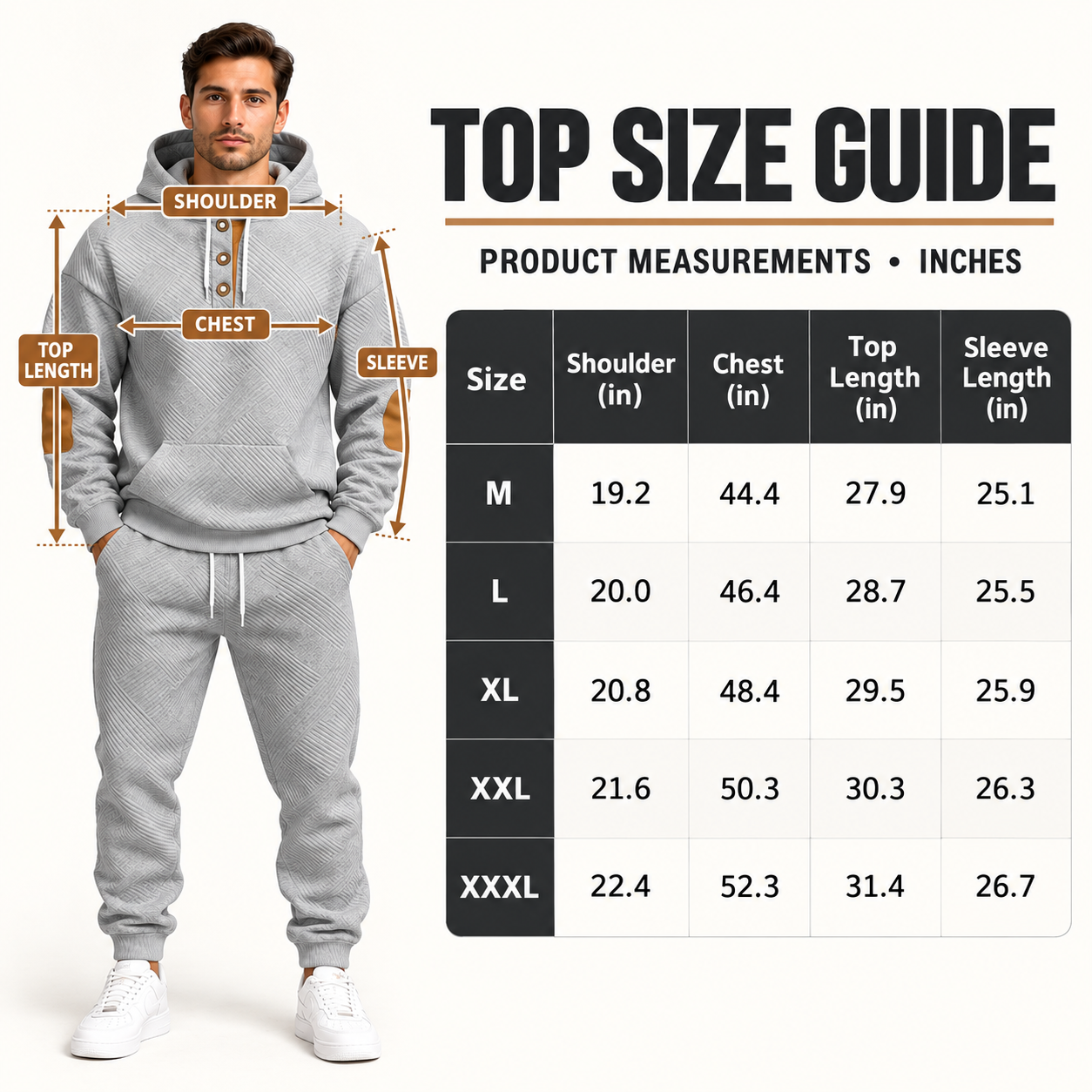 KRUIDA Men's 2-Piece Textured Hoodie Tracksuit - size guide top