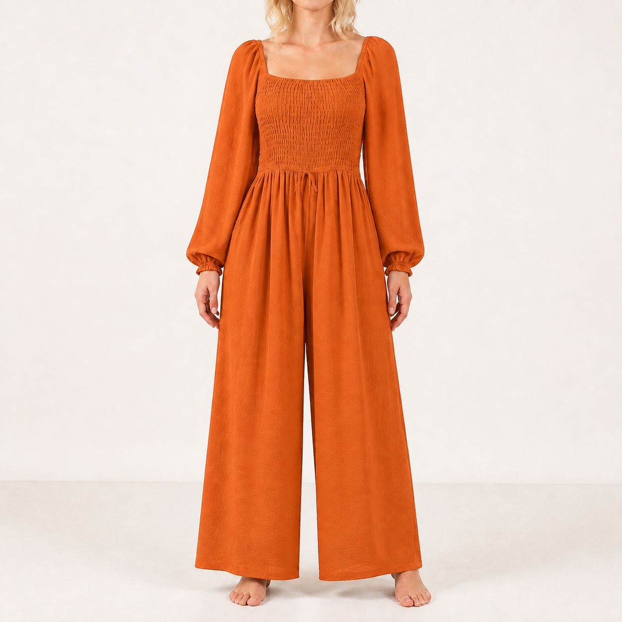 Women's square-neck smocked wide-leg jumpsuit — Orange 8-Pack