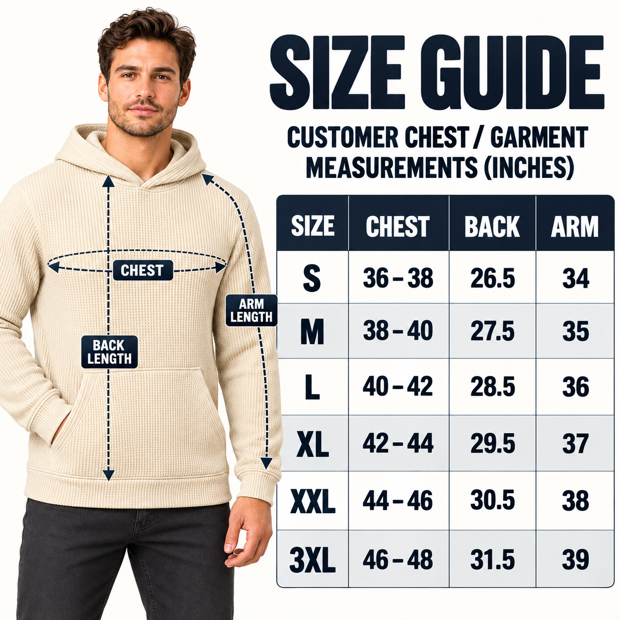 Men's waffle knit pullover hoodie size guide S through 3XL