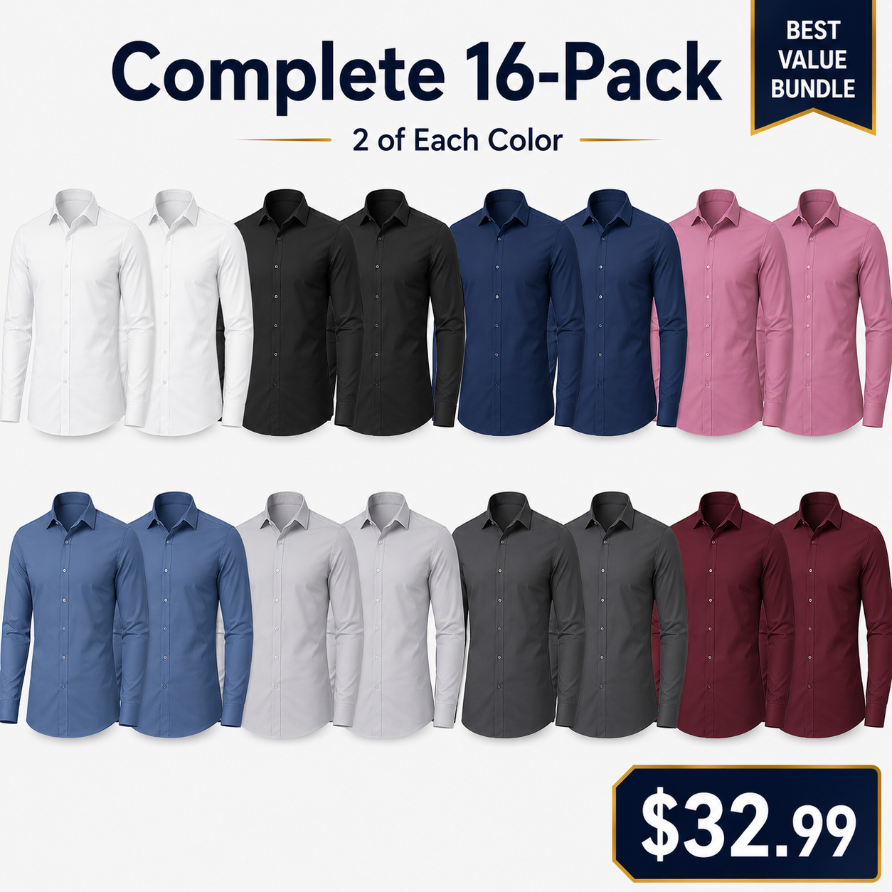 Complete 16-Pack men's stretch dress shirts bundle