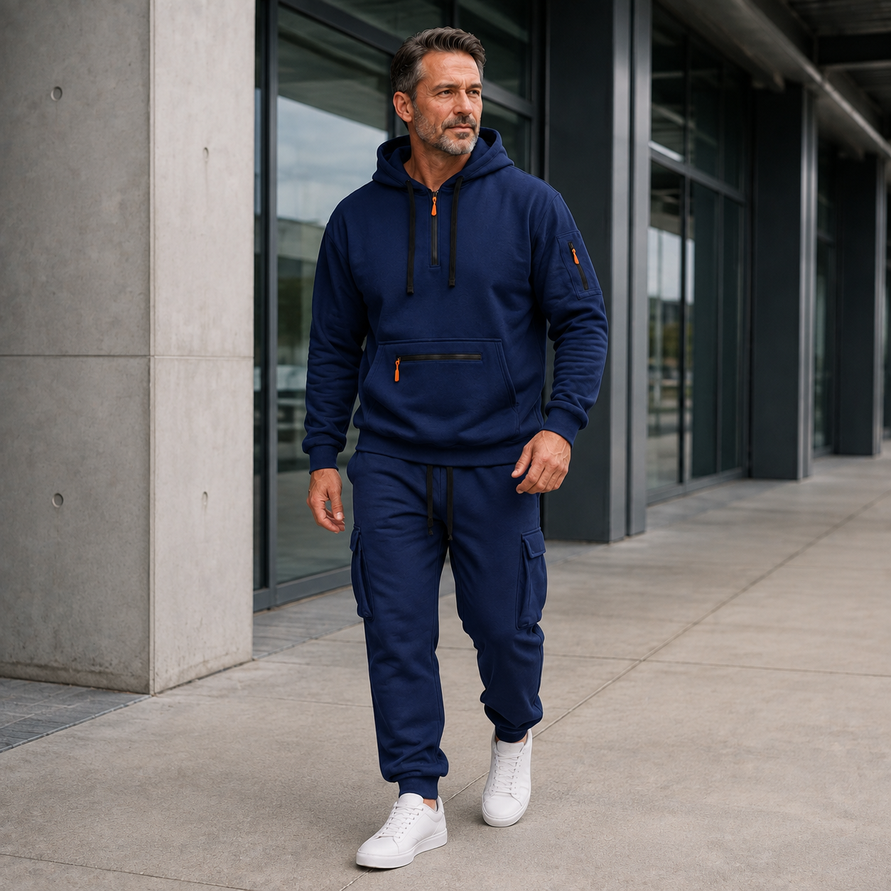Mature male wearing the Navy Blue 2-piece set for a casual commute