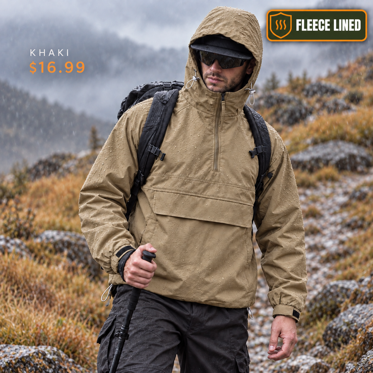Fleece Lined single Khaki hooded half-zip utility jacket