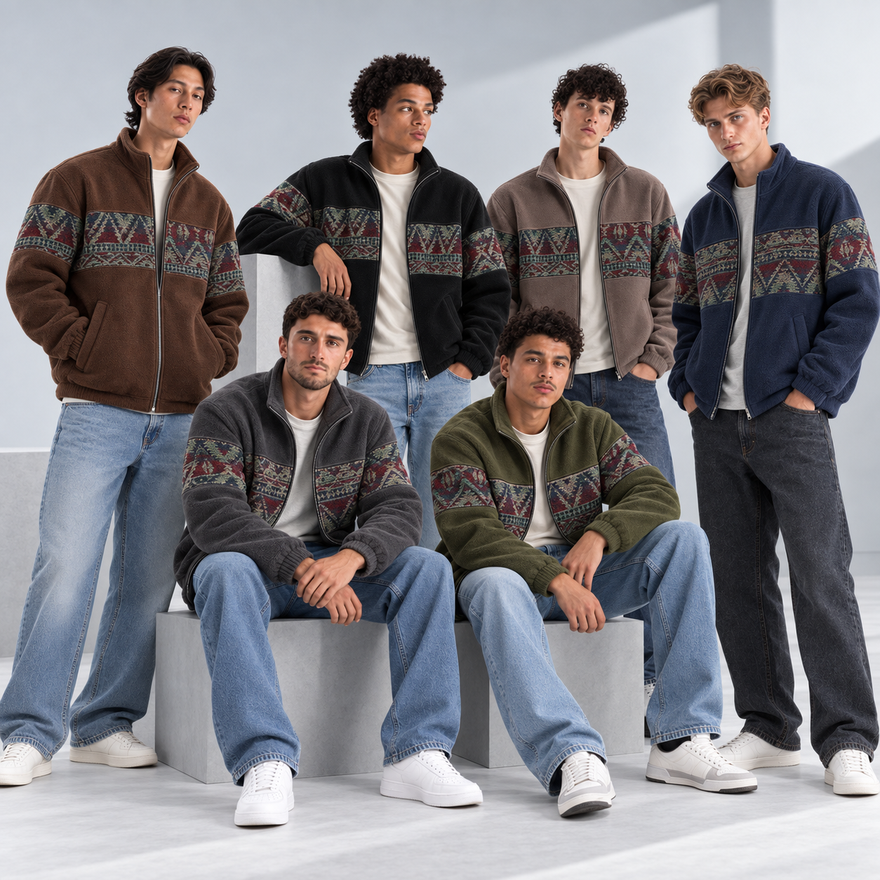 Six male models wearing all six jacket colors in a cold gray-white studio