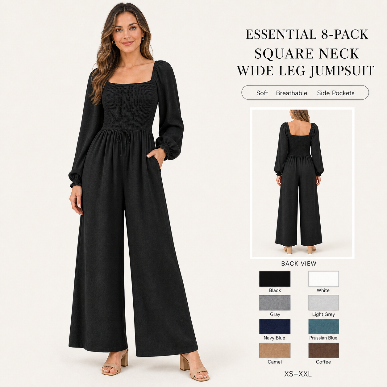 Women's square-neck smocked wide-leg jumpsuit — Essential Mixed 8-Pack