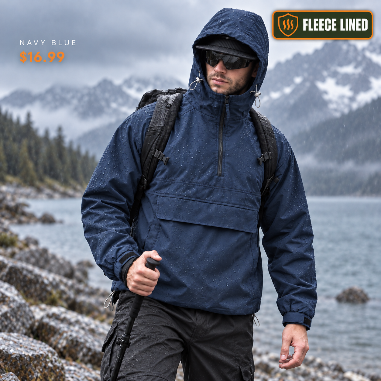 Fleece Lined single Navy Blue hooded half-zip utility jacket