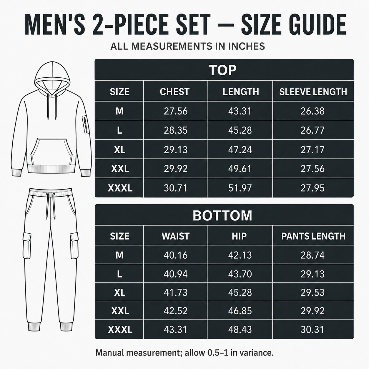 Men's 2-piece set size guide in inches for sizes M through XXXL