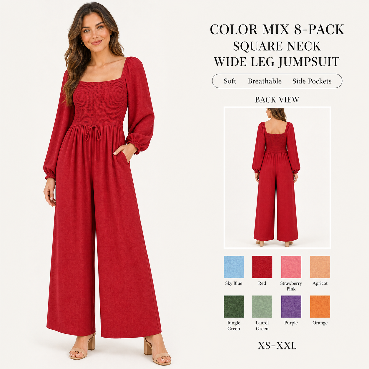 Women's square-neck smocked wide-leg jumpsuit — Color Mix 8-Pack