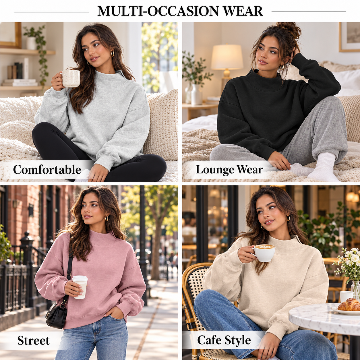Four square lifestyle scenes for casual sweatshirt styling