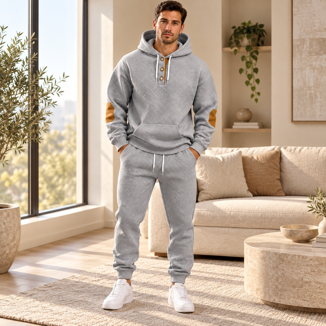 KRUIDA Men's 2-Piece Textured Hoodie Tracksuit - scene indoor
