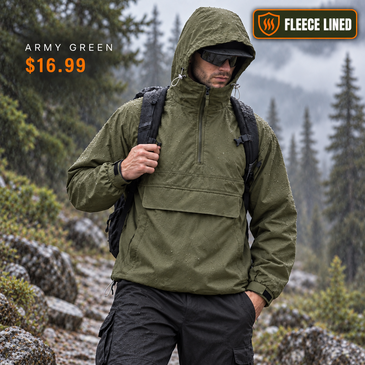 Fleece Lined single Army Green hooded half-zip utility jacket