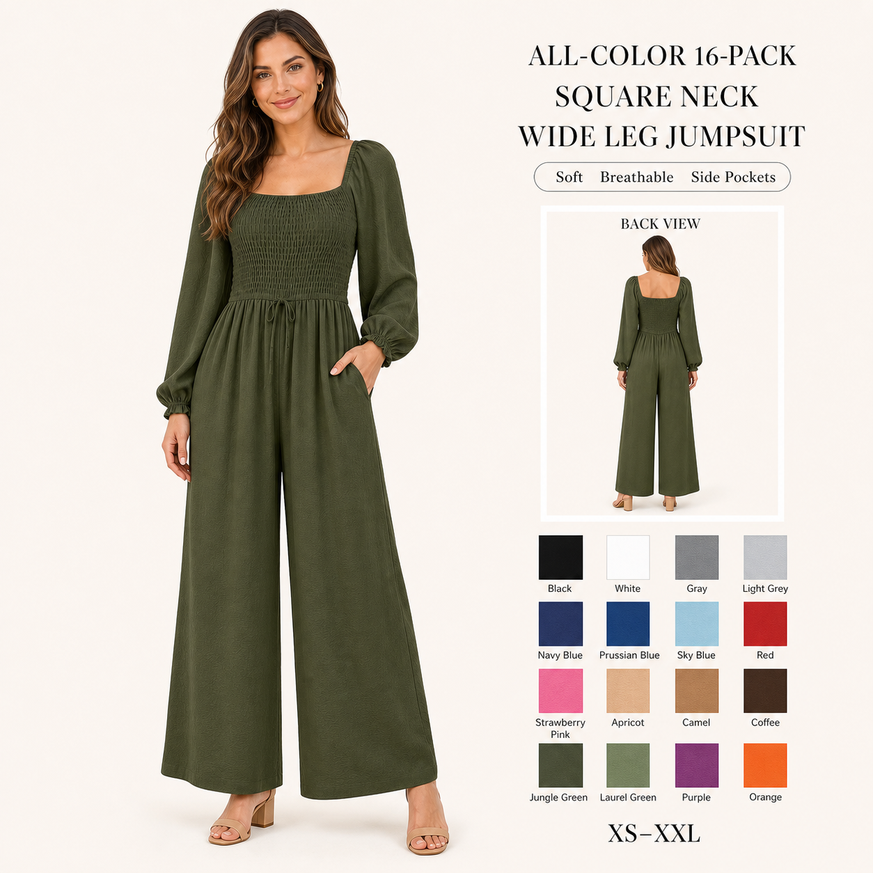 Women's square-neck smocked wide-leg jumpsuit — All-Color 16-Pack