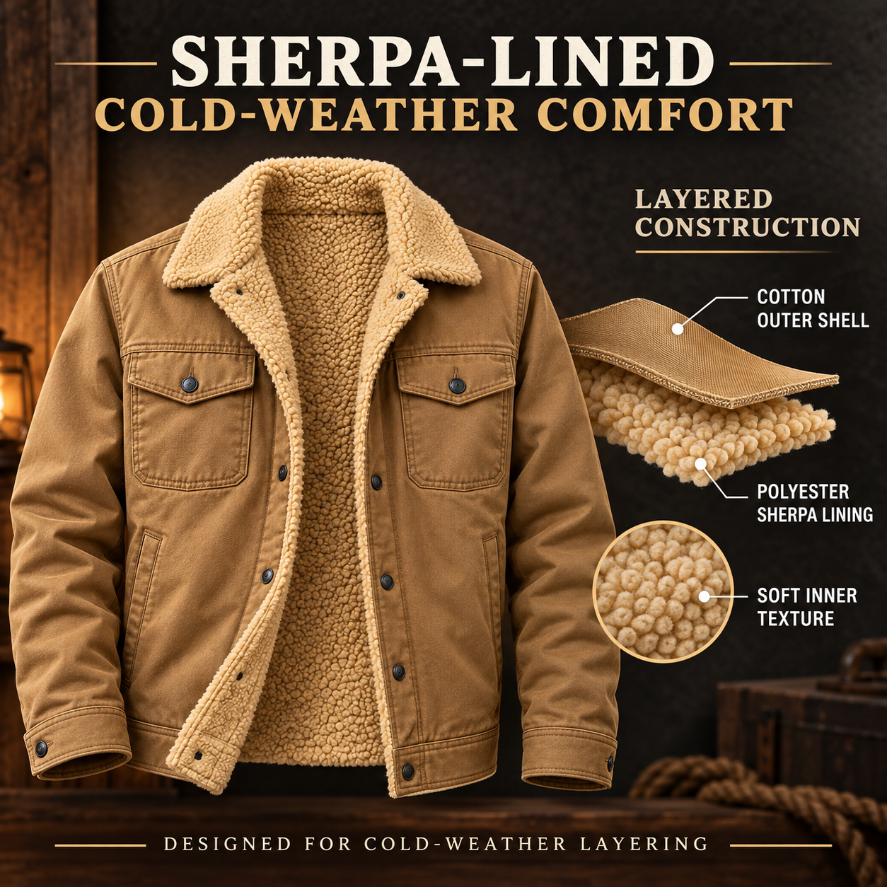 Cotton shell and sherpa lining material layers