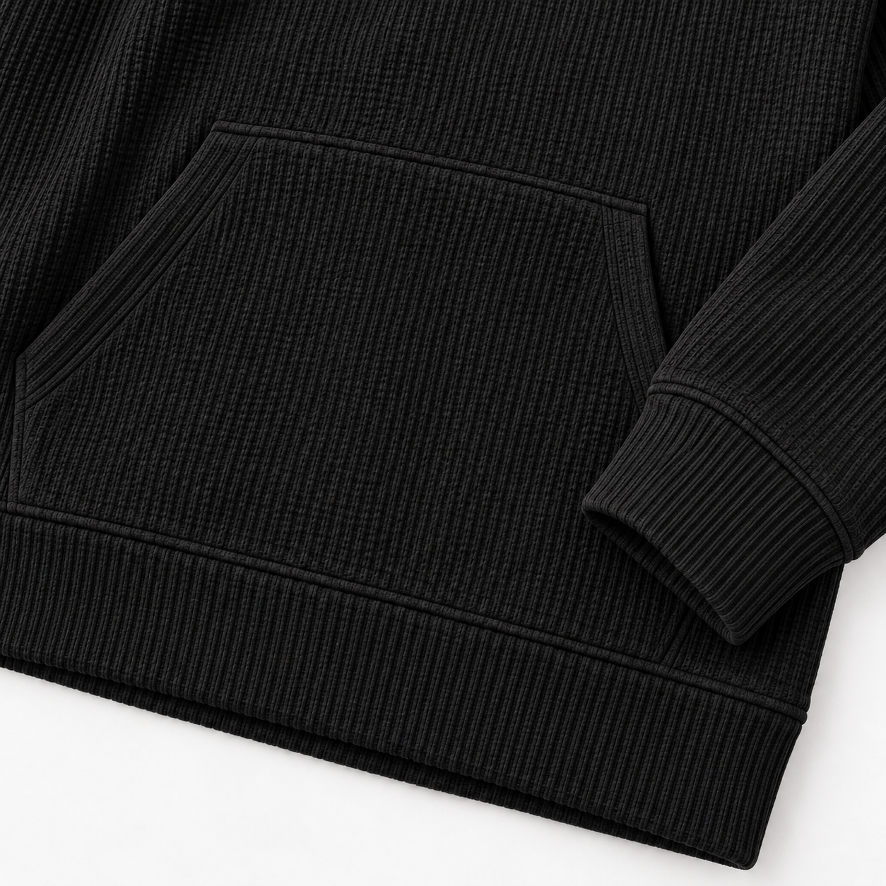 Kangaroo pocket ribbed cuff and hem close-up