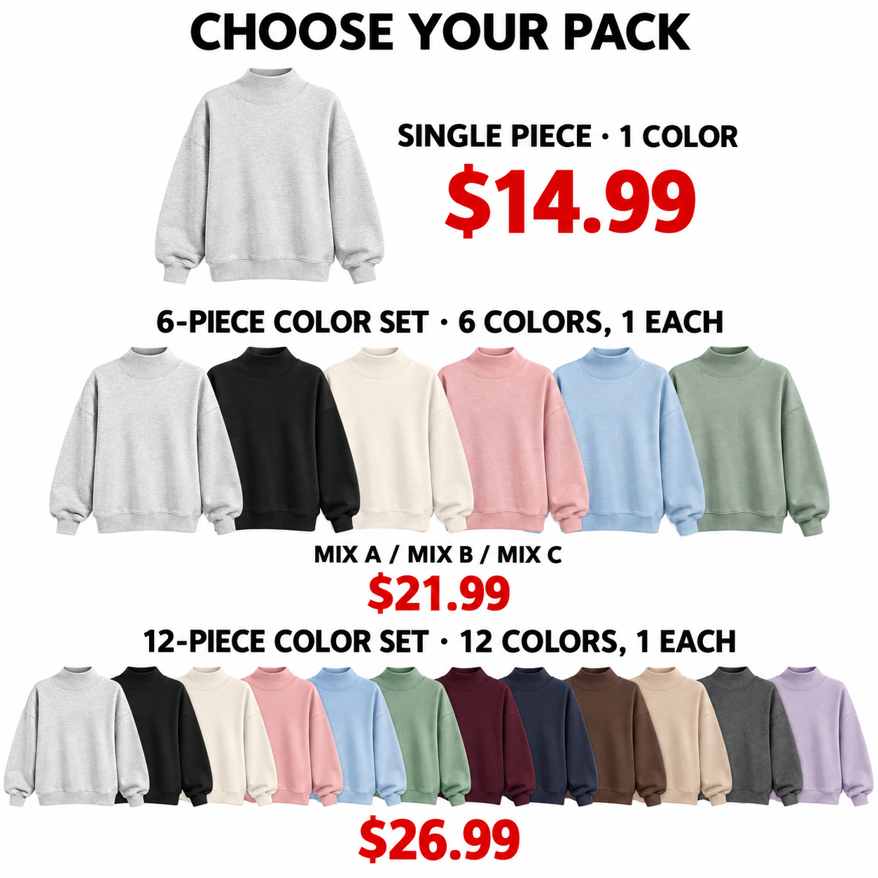 Package choices and prices for single, six-piece and twelve-piece packs
