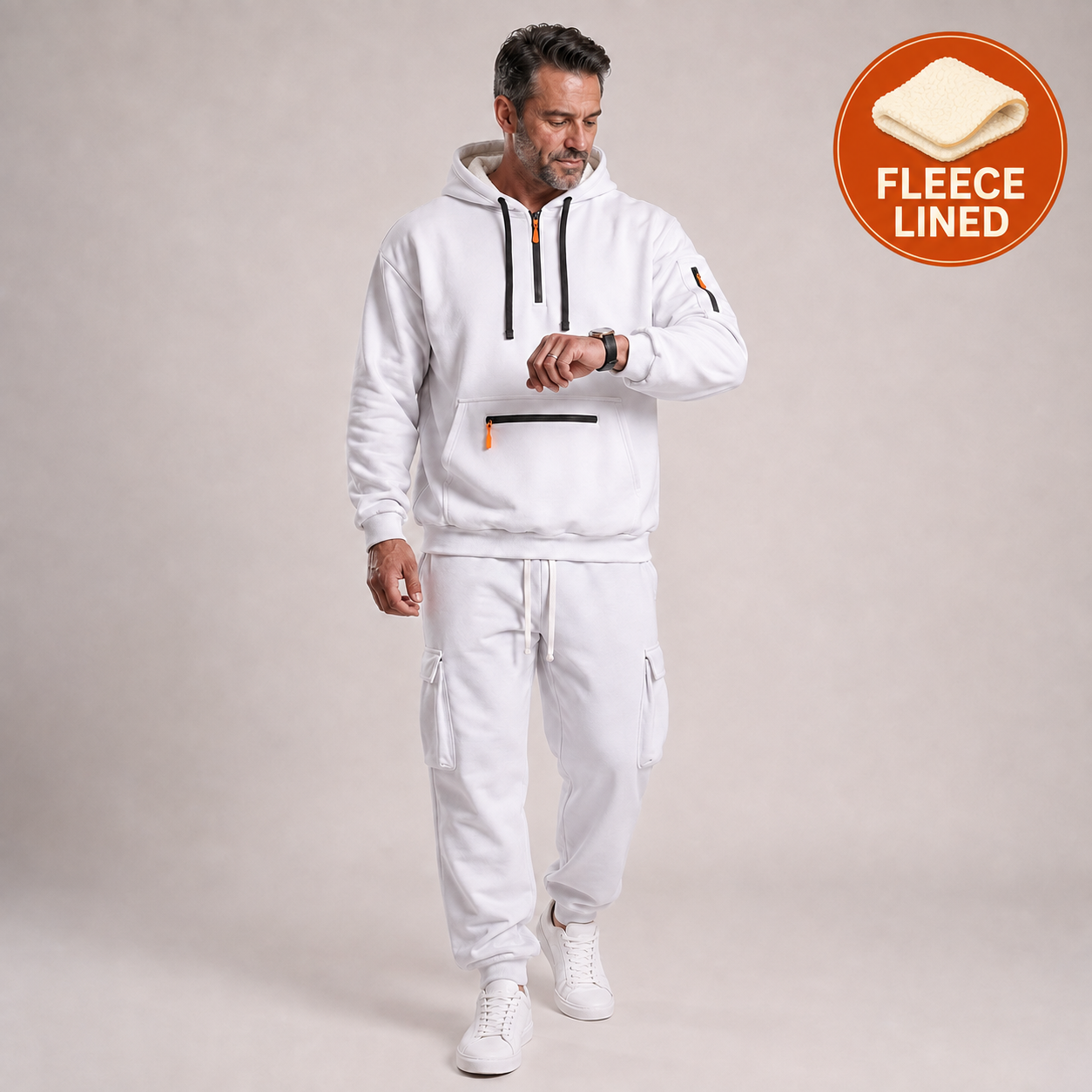 White Fleece Lined men's hooded quarter-zip cargo jogger 2-piece set