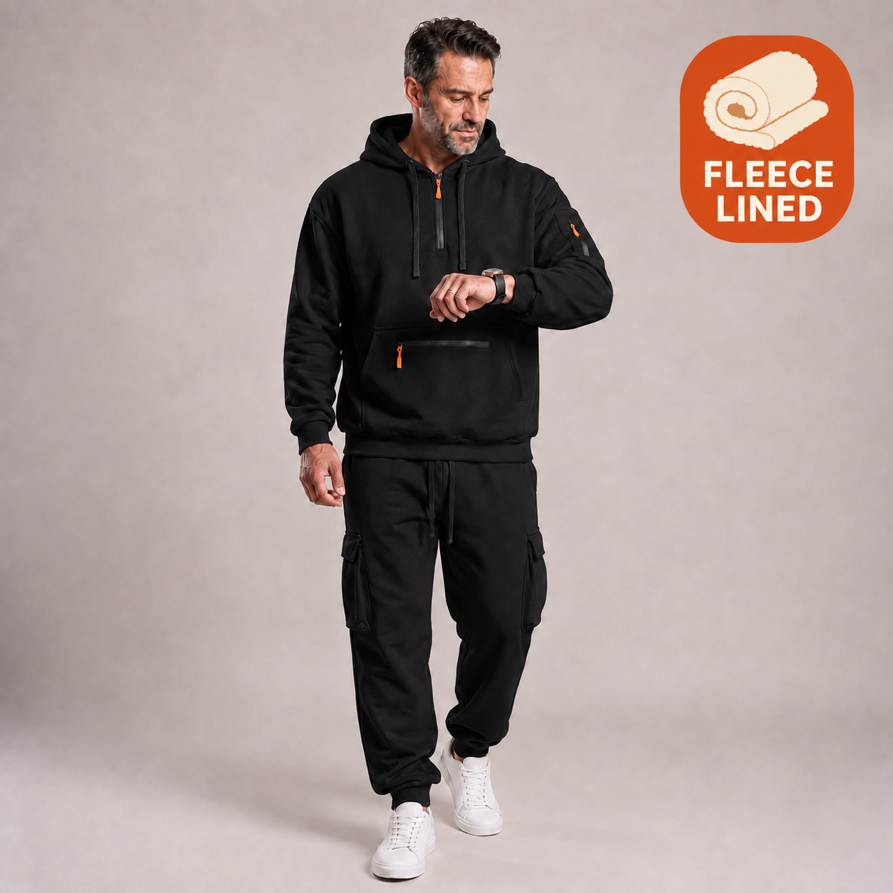 Black Fleece Lined men's hooded quarter-zip cargo jogger 2-piece set