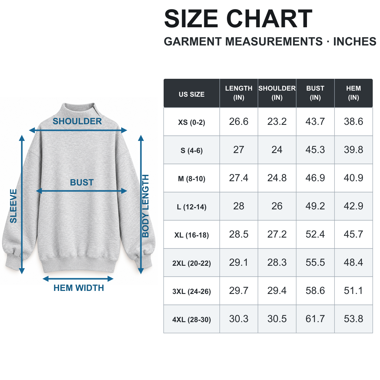 Garment measurements in inches: length, shoulder, bust and hem, XS to 4XL