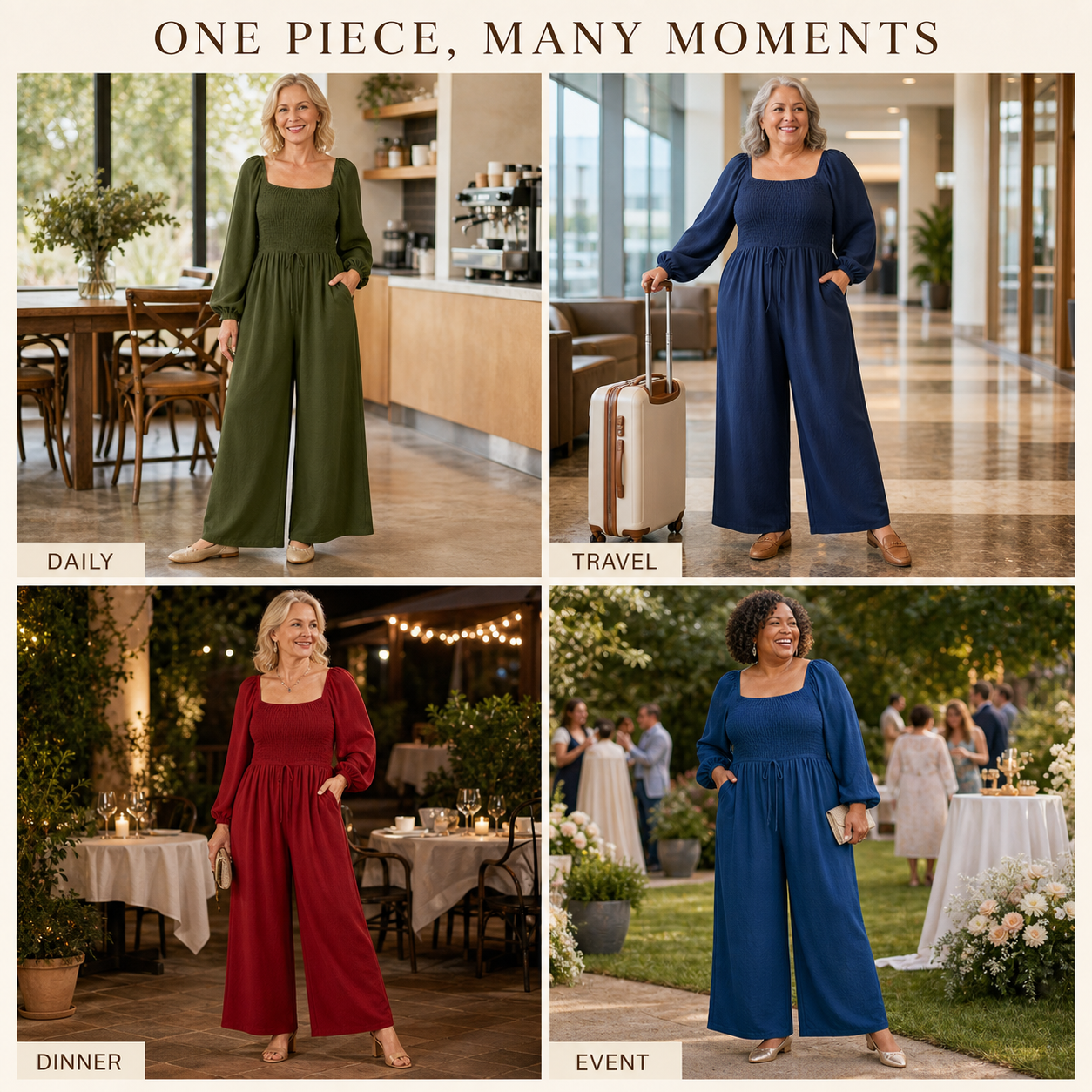 Women's Square-Neck Smocked Wide-Leg Jumpsuit Bundle