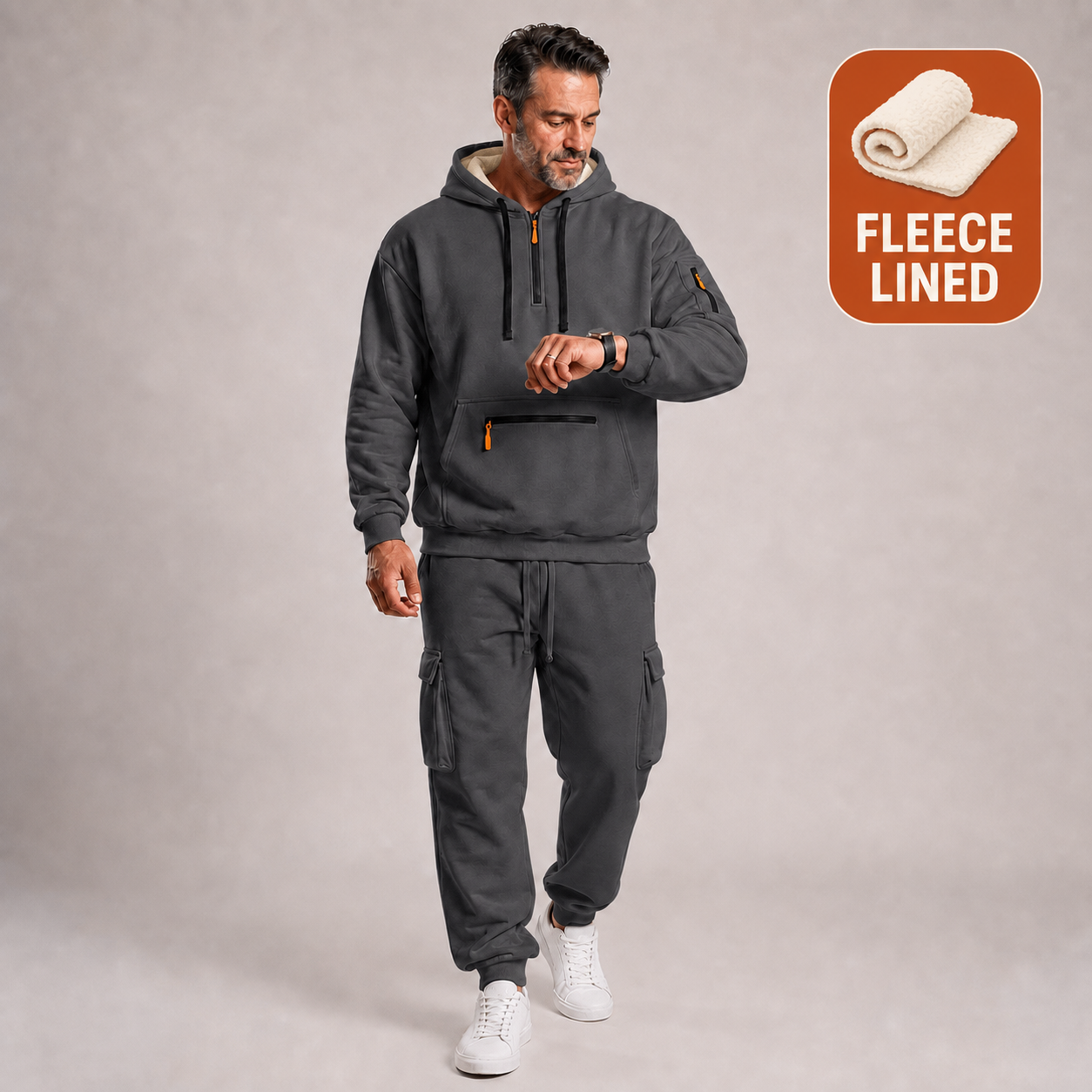 Dark Gray Fleece Lined men's hooded quarter-zip cargo jogger 2-piece set