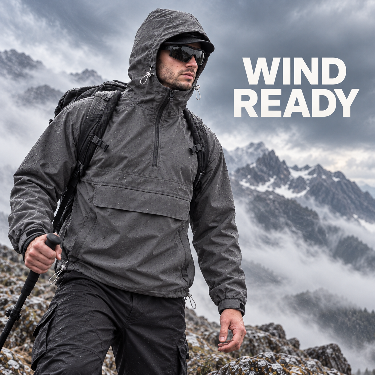 Dark Gray hooded utility jacket in windy outdoor setting