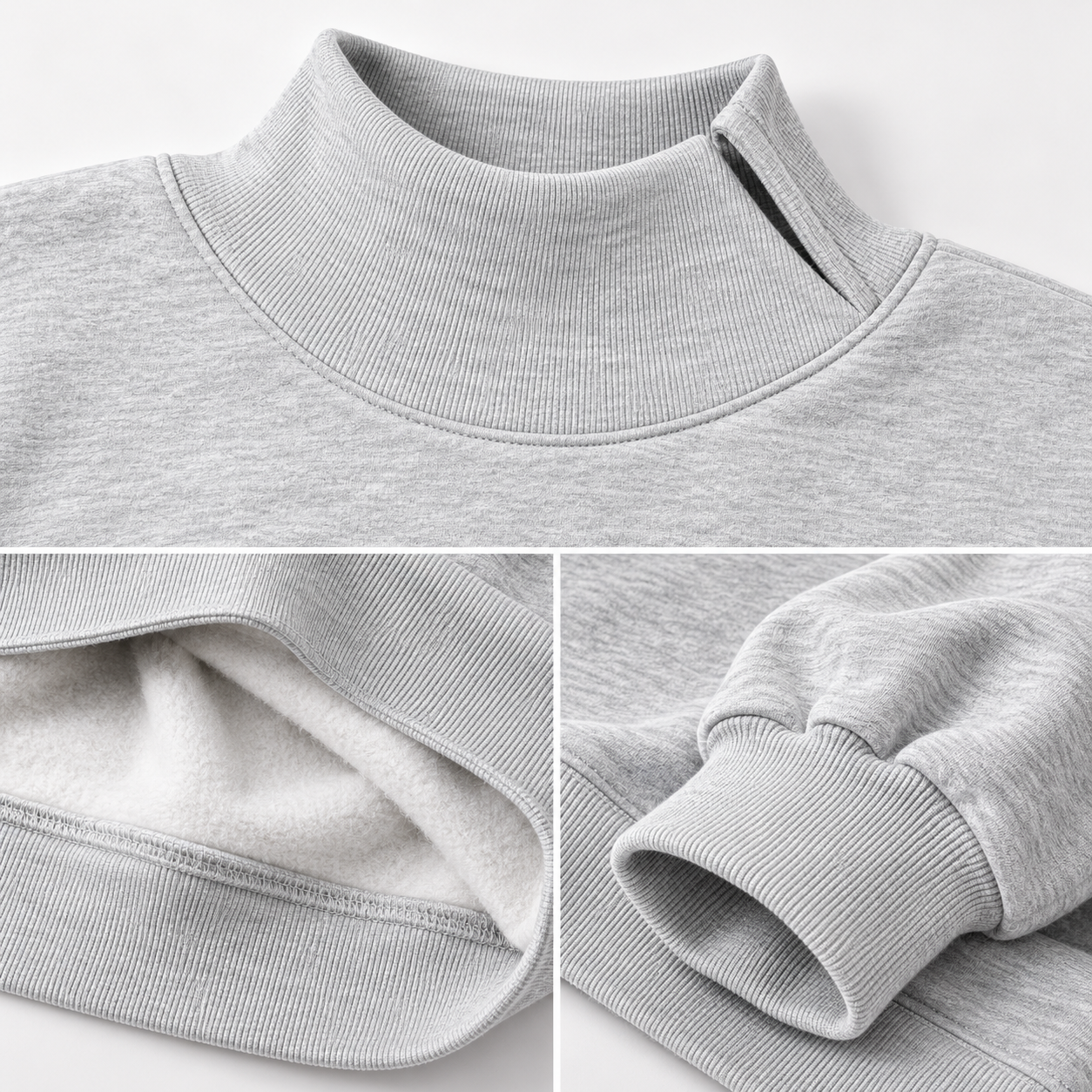 Close-up of mock neck, fleece lining and ribbed cuff sweatshirt construction