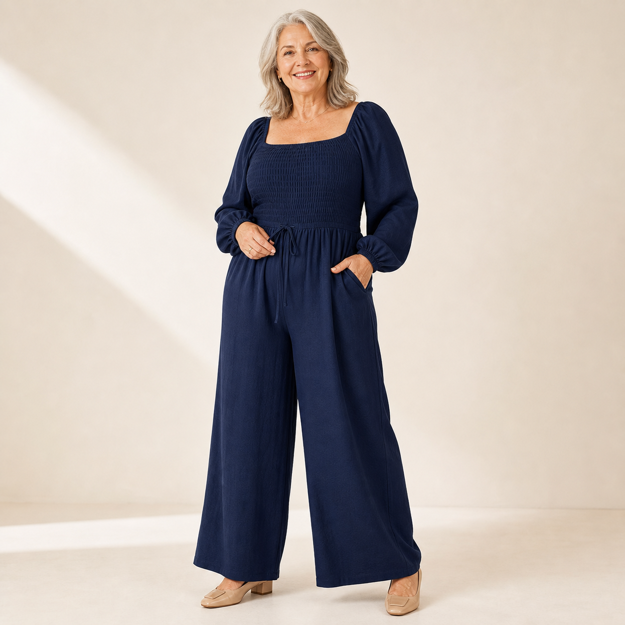 Women's Square-Neck Smocked Wide-Leg Jumpsuit Bundle