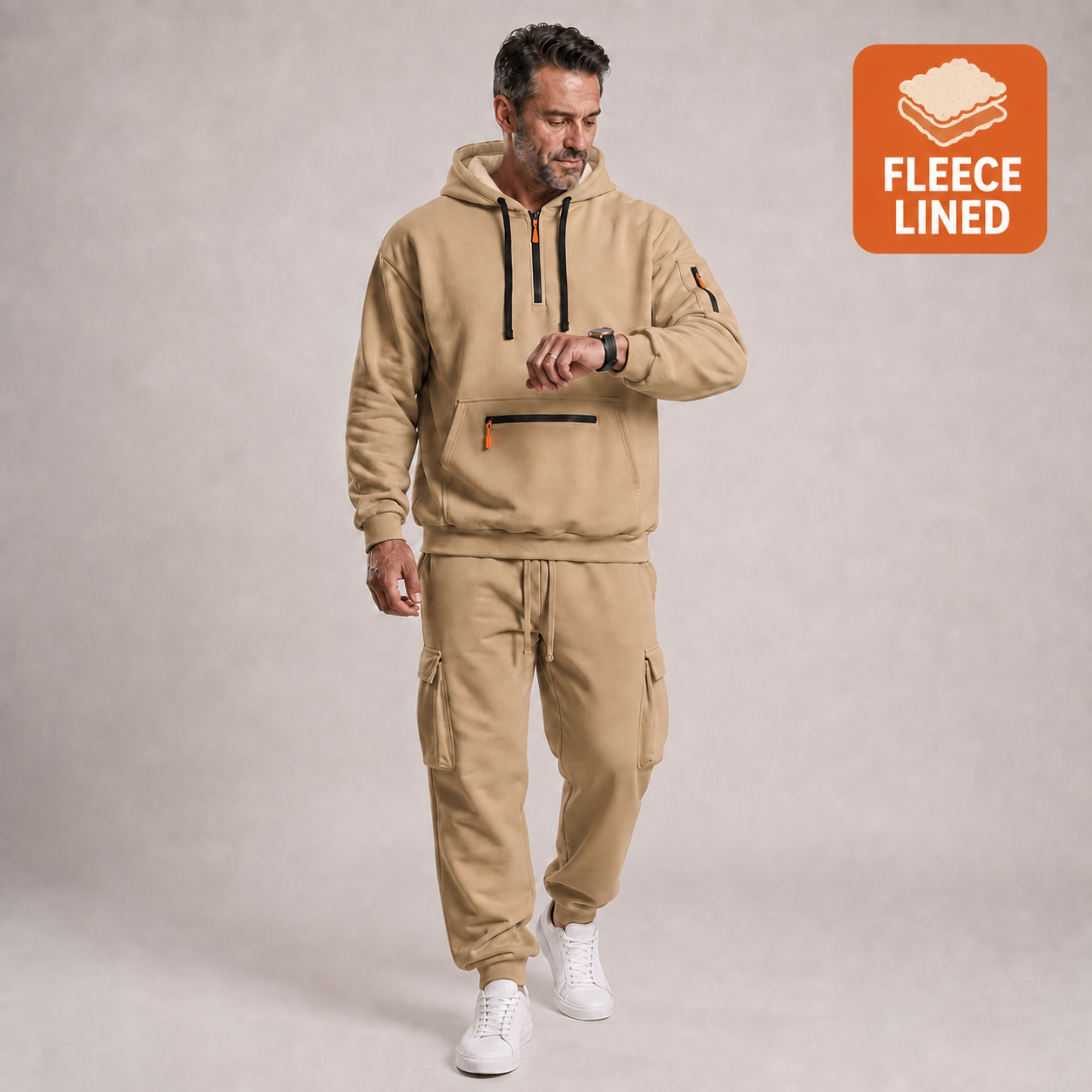 Khaki Fleece Lined men's hooded quarter-zip cargo jogger 2-piece set